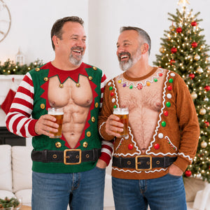 Funny Christmas Ugly Sweater for Men, Fake Chest Elf & Gingerbread All-Over Print Sweatshirt 686160 WFD