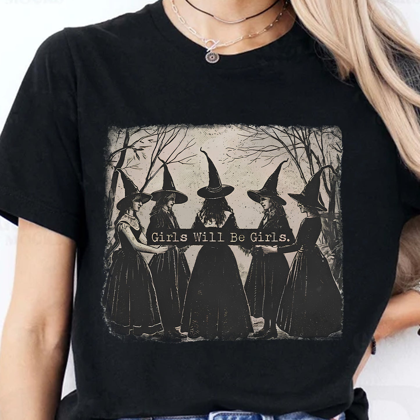 Vintage Girls Will Be Girls Witch Shirt, Funny Witchy Halloween Tee, Gothic Women Shirt, Spooky Season Gift 685665