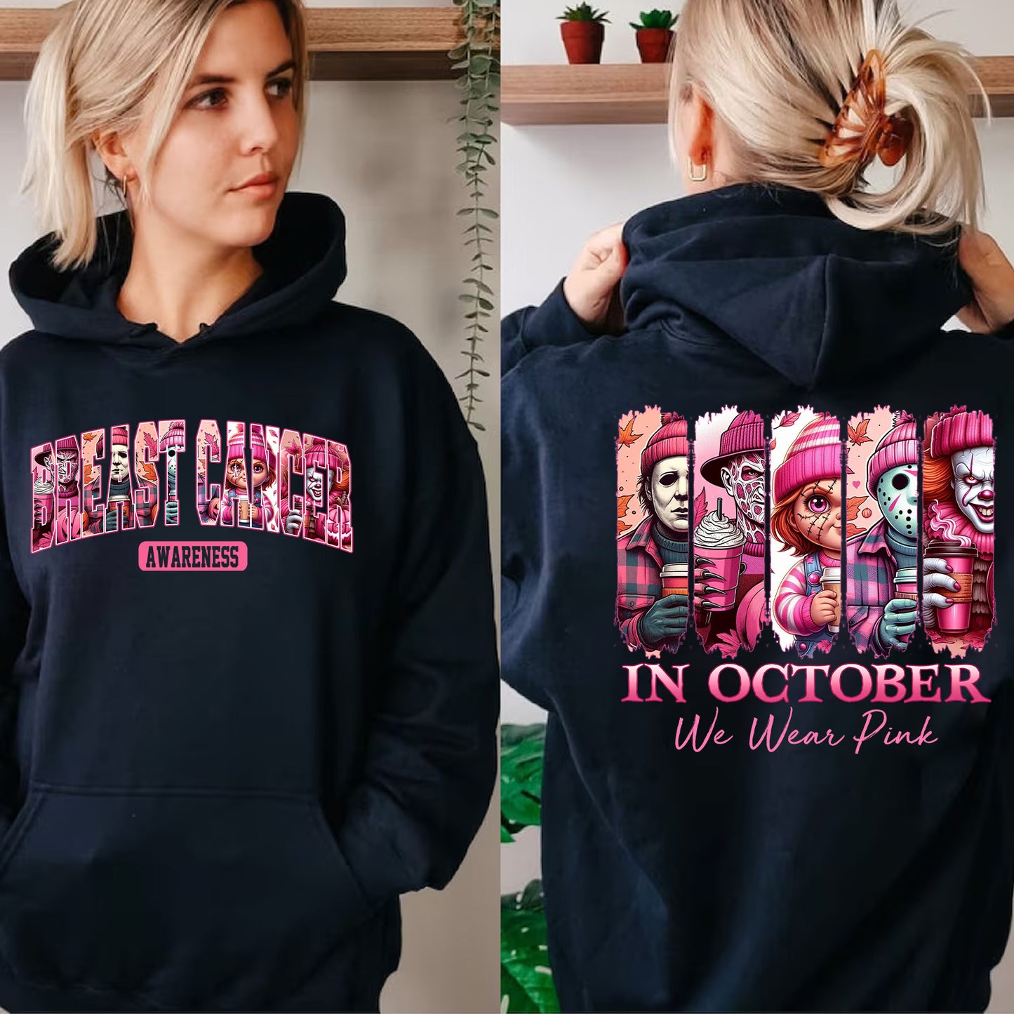 Breast Cancer Awareness T-Shirt, In October We Wear Pink, Halloween Pink Horror Characters Front & Back Shirt 683311