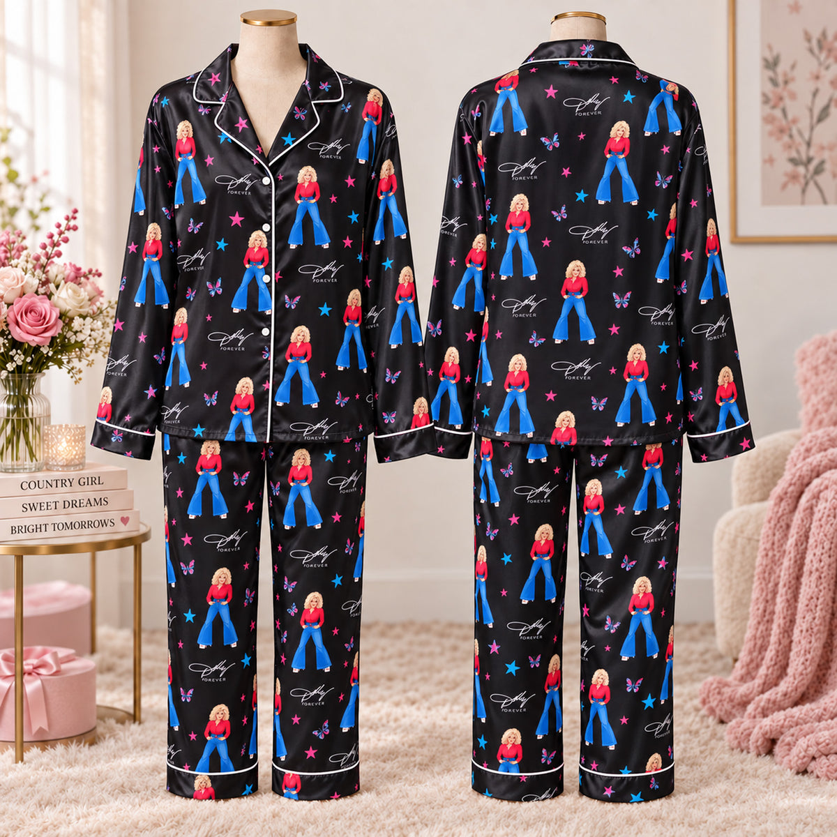 Dolly Parton Satin Pajama Set, Country Music Long Sleeve PJs, Western Music Fan Sleepwear Gift 686320 WFD