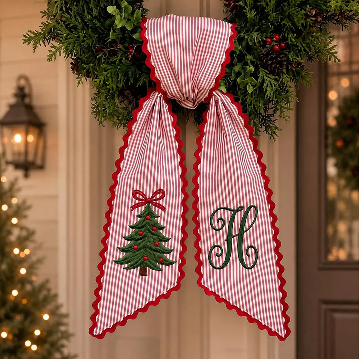 Personalized Christmas Wreath Sash, Embroidered Monogram Tree Bow, Custom Front Door Decor 686154 WFD