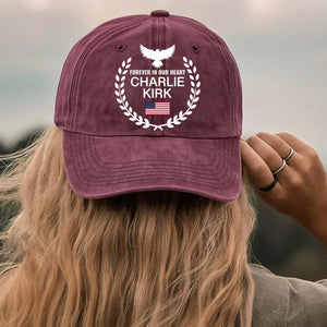 Charlie Kirk Forever in Our Hearts Printed Vintage Washed Denim Baseball Cap | Justice for Charlie Kirk Hat 682827