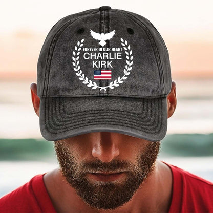 Charlie Kirk Forever in Our Hearts Printed Vintage Washed Denim Baseball Cap | Justice for Charlie Kirk Hat 682827