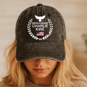 Charlie Kirk Forever in Our Hearts Printed Vintage Washed Denim Baseball Cap | Justice for Charlie Kirk Hat 682827