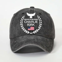 Charlie Kirk Forever in Our Hearts Printed Vintage Washed Denim Baseball Cap | Justice for Charlie Kirk Hat 682827