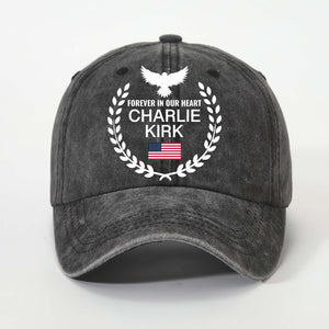 Charlie Kirk Forever in Our Hearts Printed Vintage Washed Denim Baseball Cap | Justice for Charlie Kirk Hat 682827