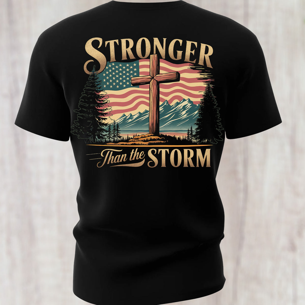 Stronger Than The Storm Christian Shirt | Cross Faith Tee | Patriotic American Flag Backside Shirt 683179