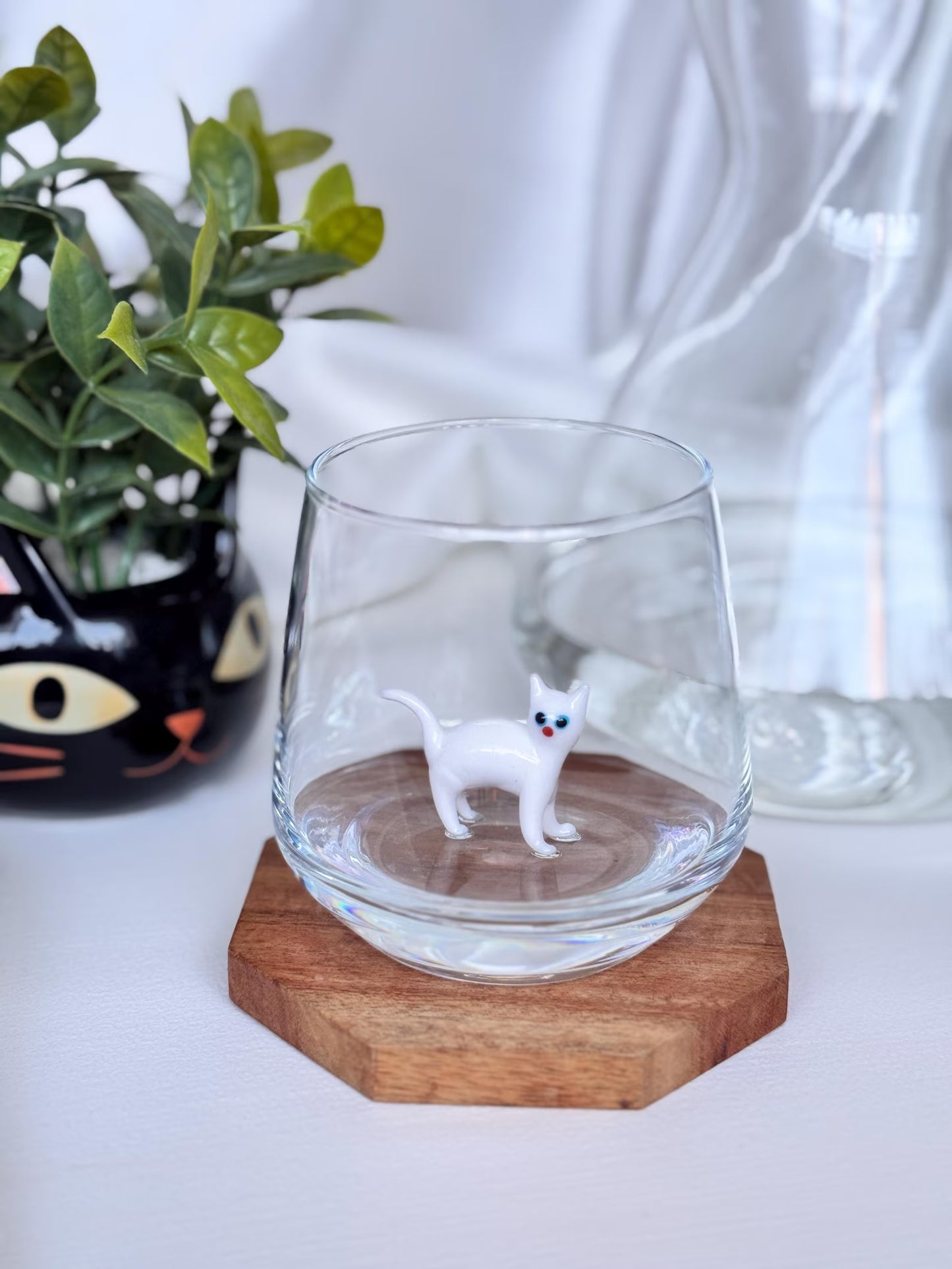 Cat Figurine Glass Cup | Murano Wine Glass | Stemless Wine Glass | Cat Lover Gift | 3D Cat Cup 683938