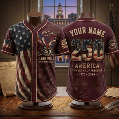 Personalized USA 250th Anniversary Baseball Jersey, 250 Years Of Freedom Tee, Patriotic 4th Of July Gift 685313