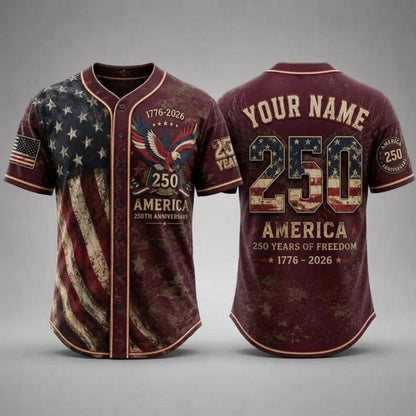 Personalized USA 250th Anniversary Baseball Jersey, 250 Years Of Freedom Tee, Patriotic 4th Of July Gift 685313