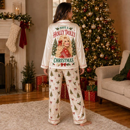 Holly Dolly Christmas Pajamas, Dolly Parton Satin PJ Set, Country Music Holiday Sleepwear, Matching Family Pajamas 686256 WFD