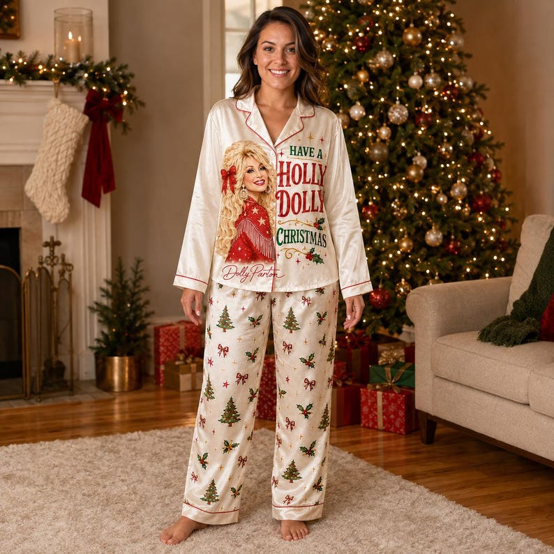 Holly Dolly Christmas Pajamas, Dolly Parton Satin PJ Set, Country Music Holiday Sleepwear, Matching Family Pajamas 686256 WFD