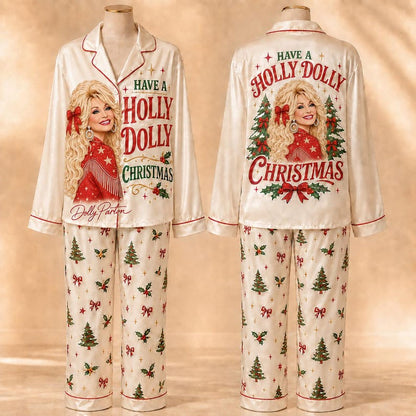 Holly Dolly Christmas Pajamas, Dolly Parton Satin PJ Set, Country Music Holiday Sleepwear, Matching Family Pajamas 686256 WFD