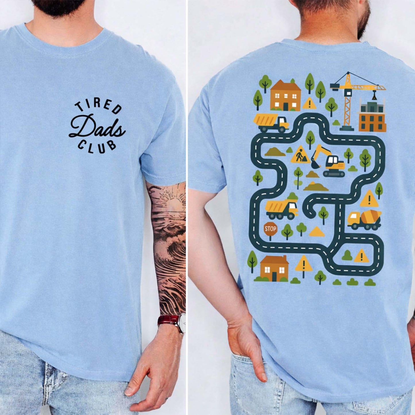 Tired Dads Club Shirt, Funny Dad Life Humor, Father's Day Gifts, Car Track Play Mat Tee Pocket & Back Bright Shirt WFD