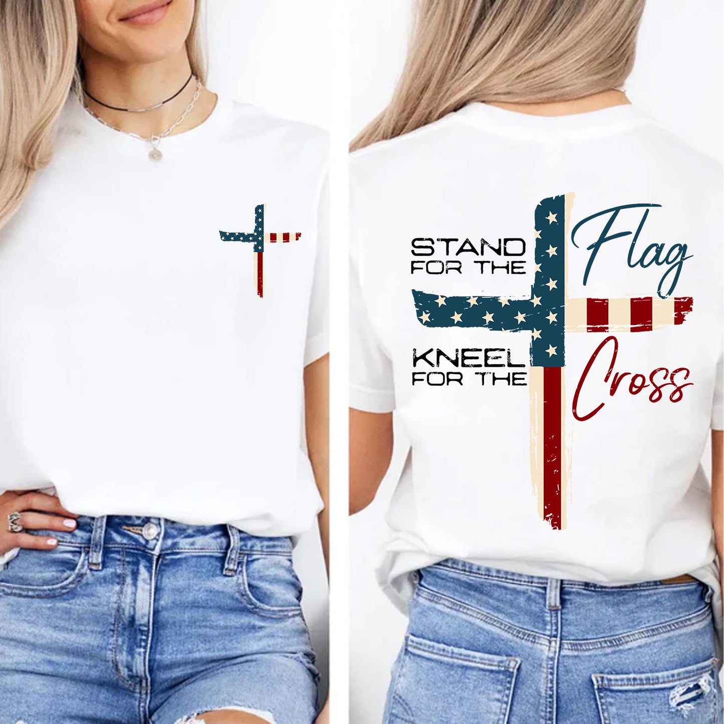 Stand For The Flag Kneel For The Cross Christian Shirt | USA Flag Cross Tee | Patriotic 4th of July Front & Back Shirt 683190