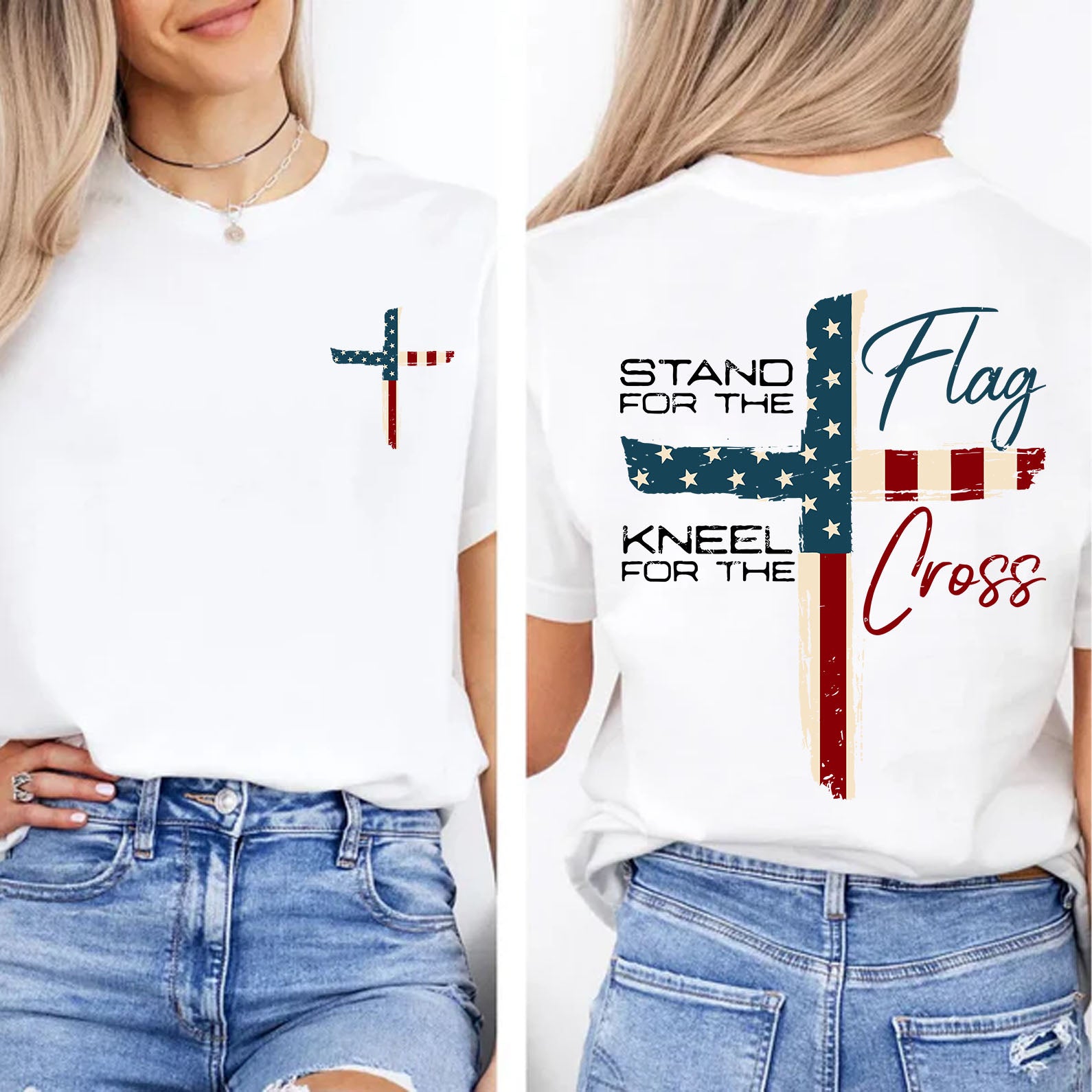 Stand For The Flag Kneel For The Cross Christian Shirt | USA Flag Cross Tee | Patriotic 4th of July Front & Back Shirt 683190