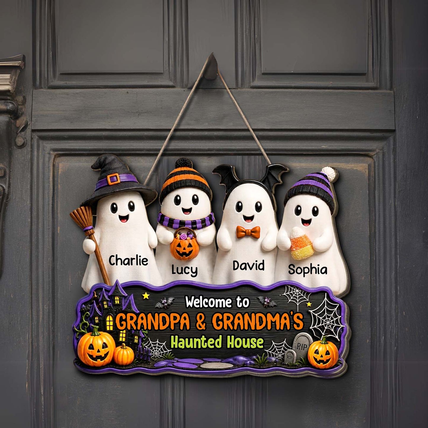 Personalized Halloween Grandma Grandpa Haunted House Wood Sign, Custom Ghost Family Welcome Door Decor 685786 WFD