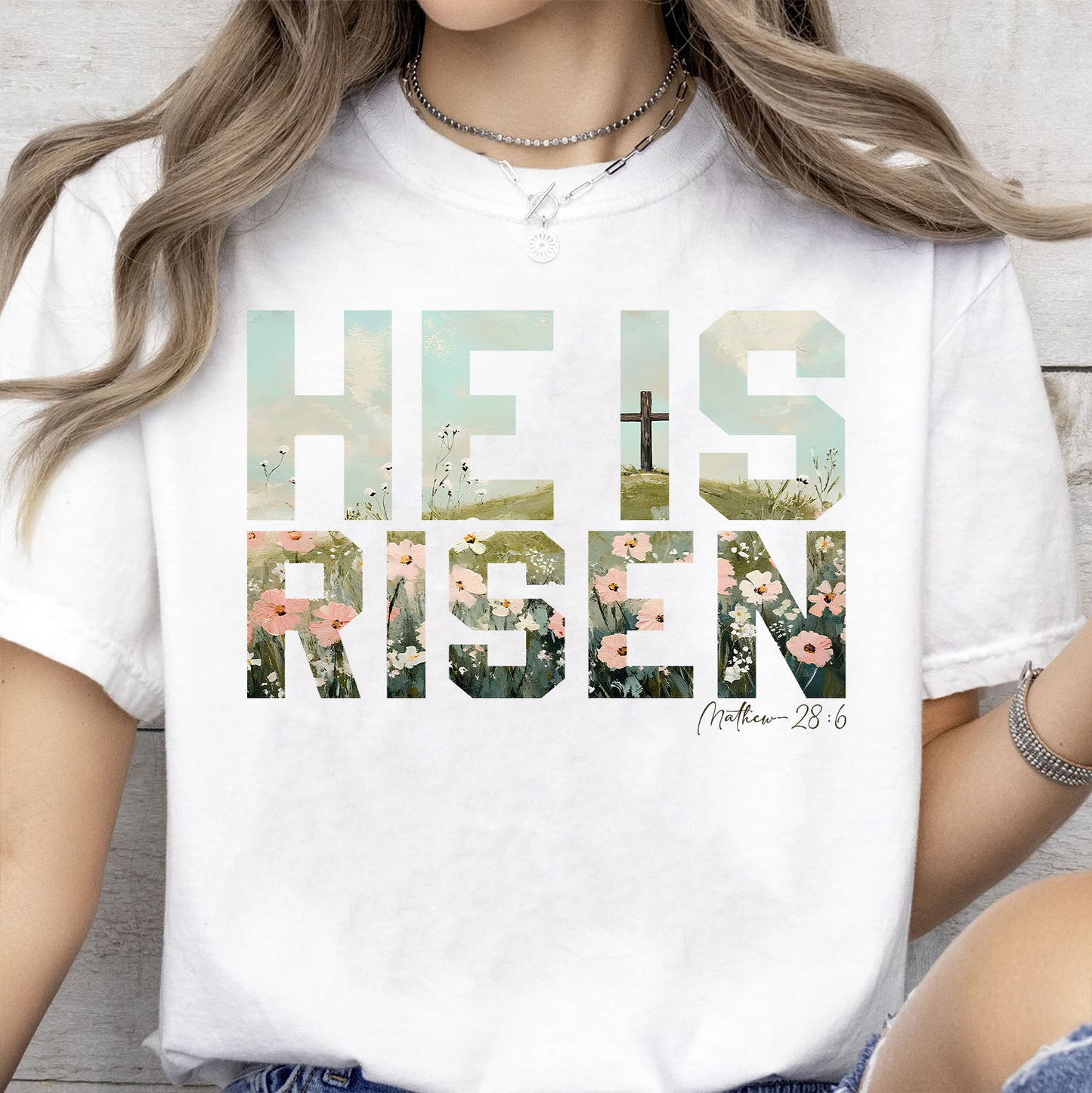 He Is Risen Christian Easter Shirt, Matthew 28:6 Bible Verse Shirt, Floral Cross Faith Tee 684400