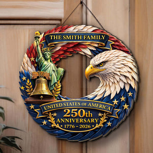 Custom Family Name Patriotic Wooden Sign | USA 250 Years Anniversary Eagle Liberty Bell Wall Decor 684523