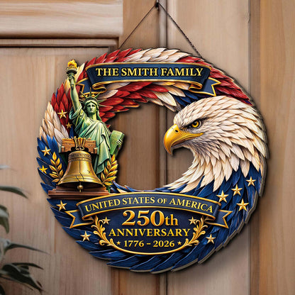 Custom Family Name Patriotic Wooden Sign | USA 250 Years Anniversary Eagle Liberty Bell Wall Decor 684523
