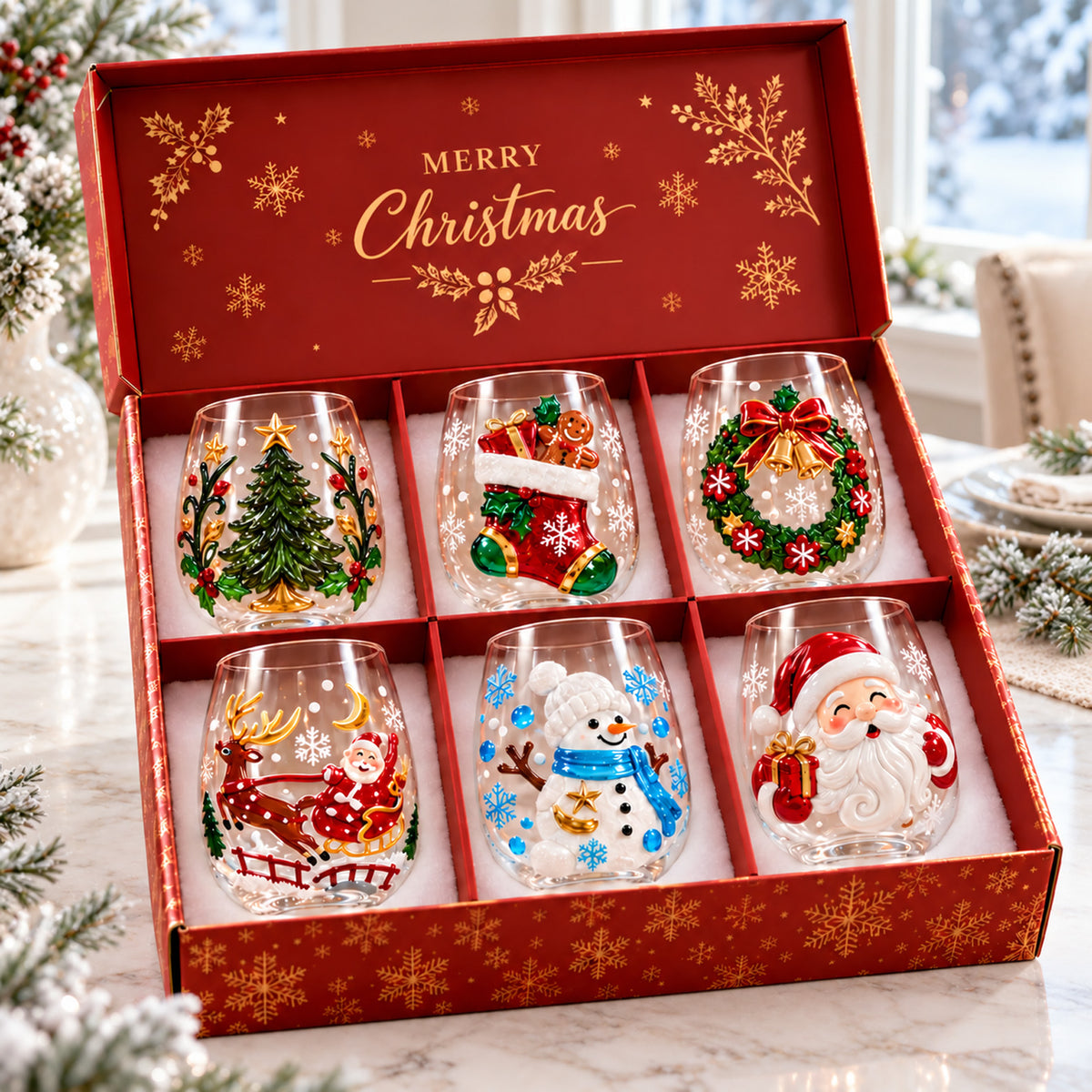Christmas Stemless Wine Glass, Santa Snowman Reindeer Holiday Drinking Glass, Festive Christmas Gift 686694 WFD