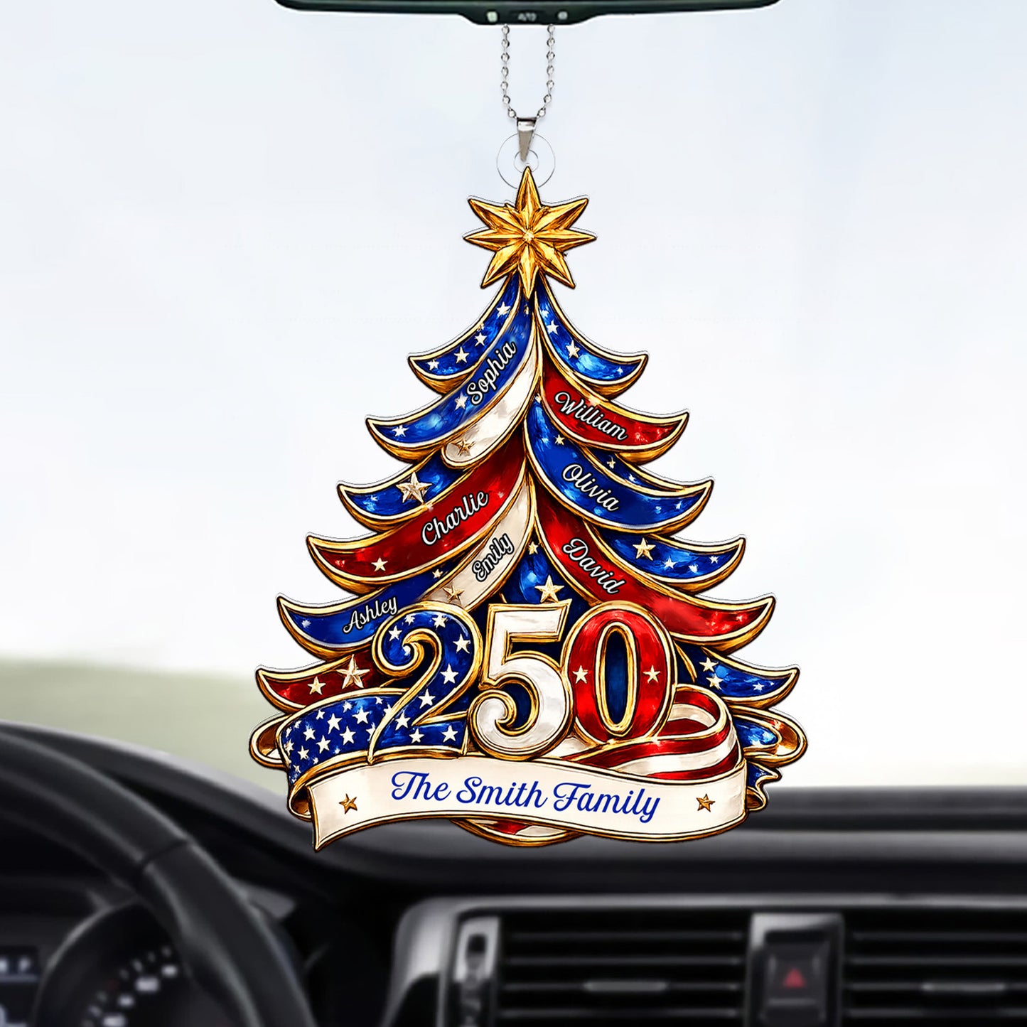 Personalized Patriotic Christmas Tree 250 Years USA Car Ornament, Custom Family Name Car Decor 685756