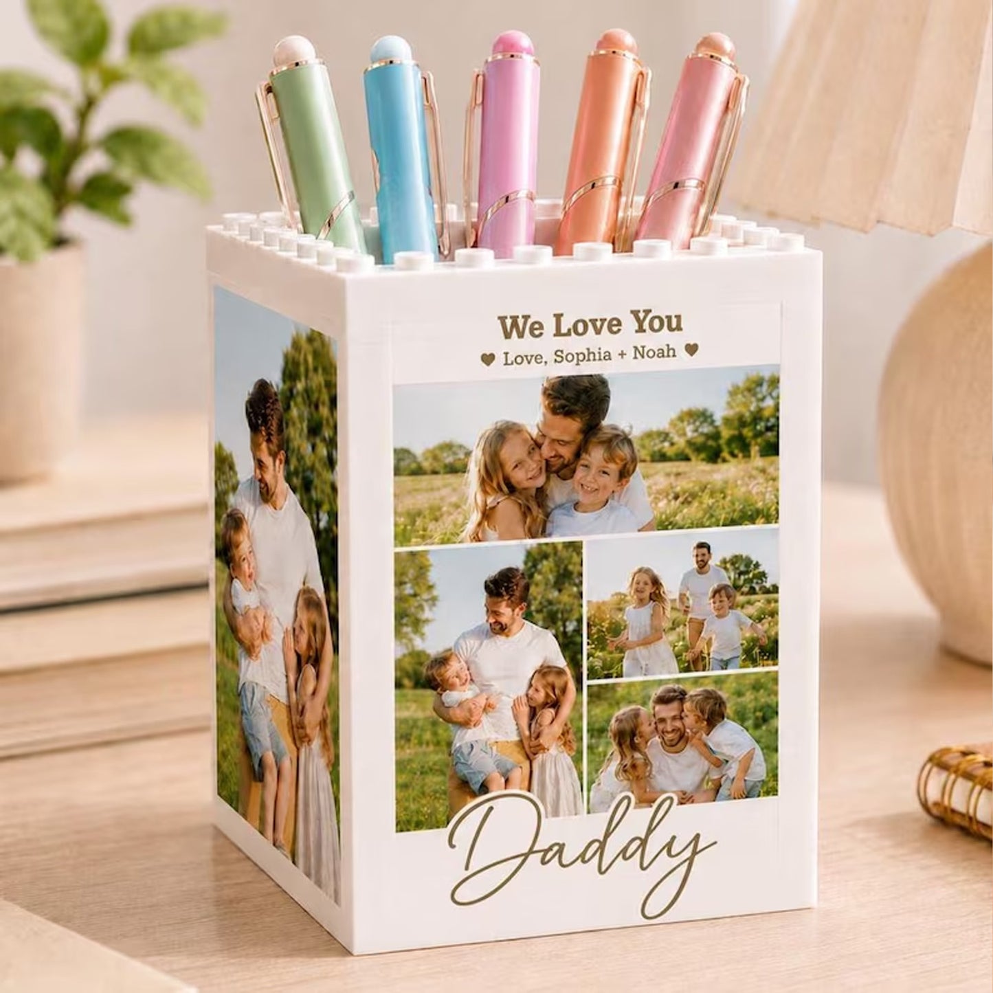 Personalized Daddy & Me Photo Block Pencil Pot, Father's Day Gift For Dad, Custom Brick Pencil Holder 685149