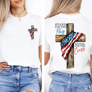 Stand For The Flag Kneel For The Cross Christian Shirt | Patriotic USA Flag Cross Tee | Faith Based 4th of July Pocket & Back Shirt 683191