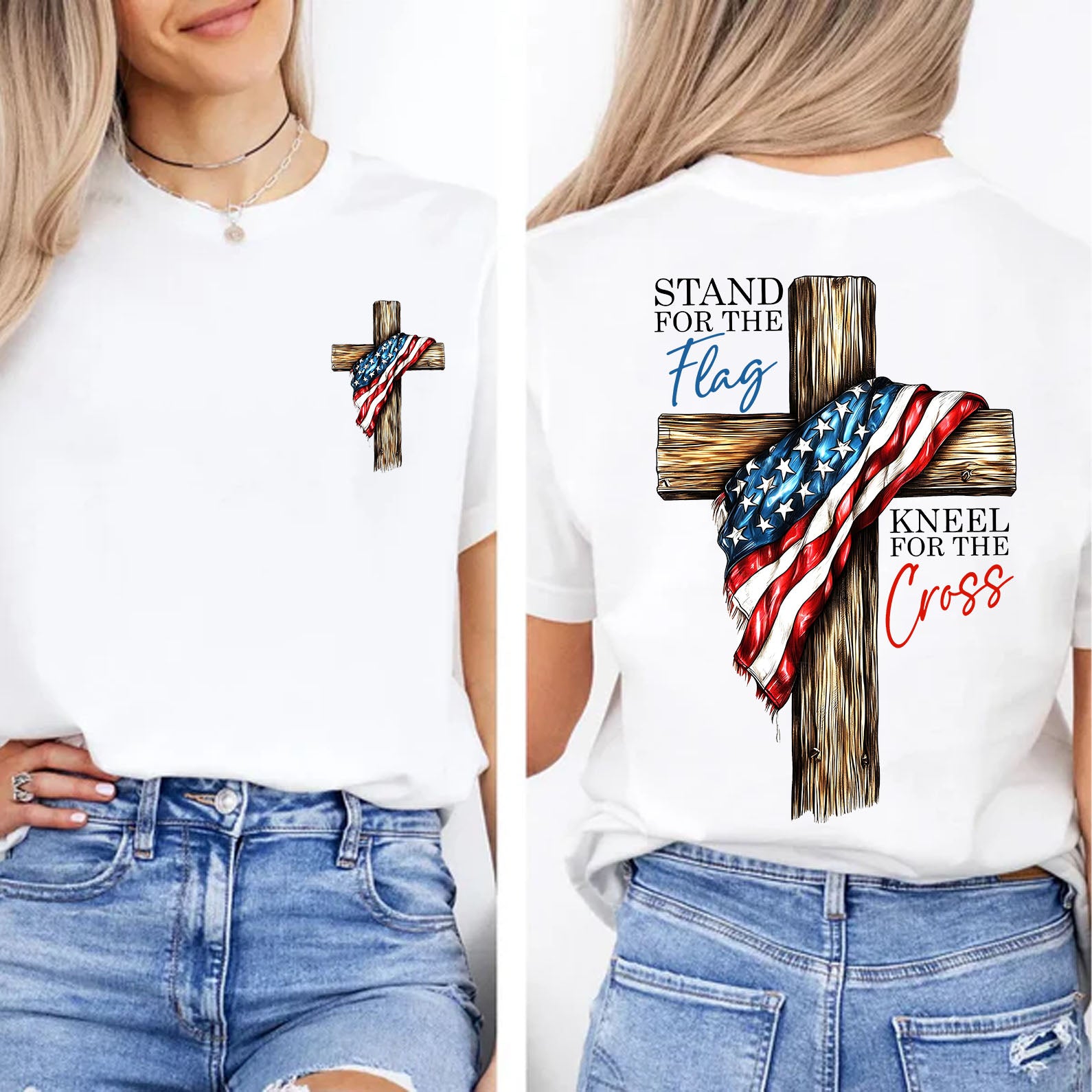 Stand For The Flag Kneel For The Cross Christian Shirt | Patriotic USA Flag Cross Tee | Faith Based 4th of July Pocket & Back Shirt 683191