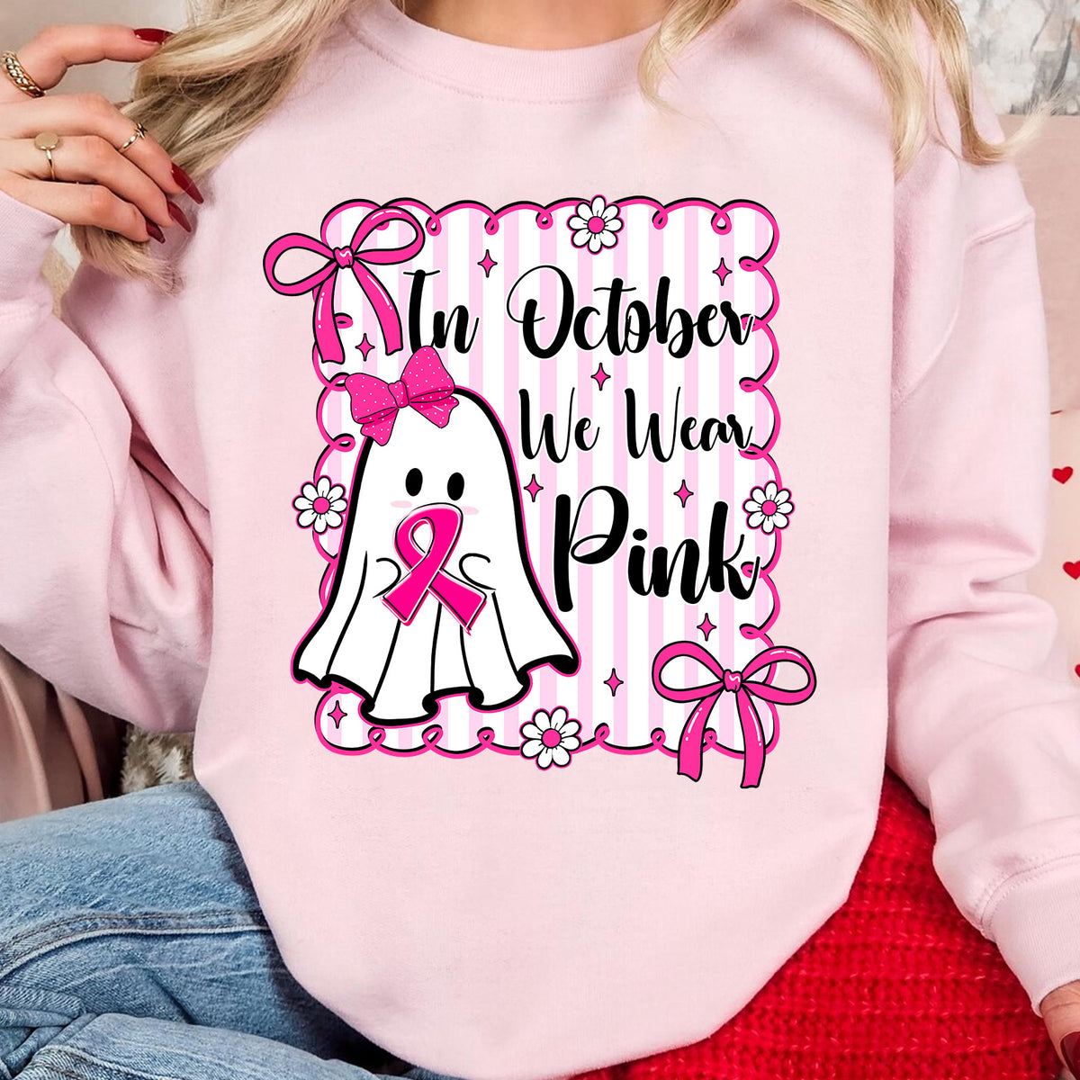 October We Wear Pink Breast Cancer Awareness Shirt | Cute Ghost Pink Ribbon T-Shirt | Halloween Pink Out Tee 683314-3