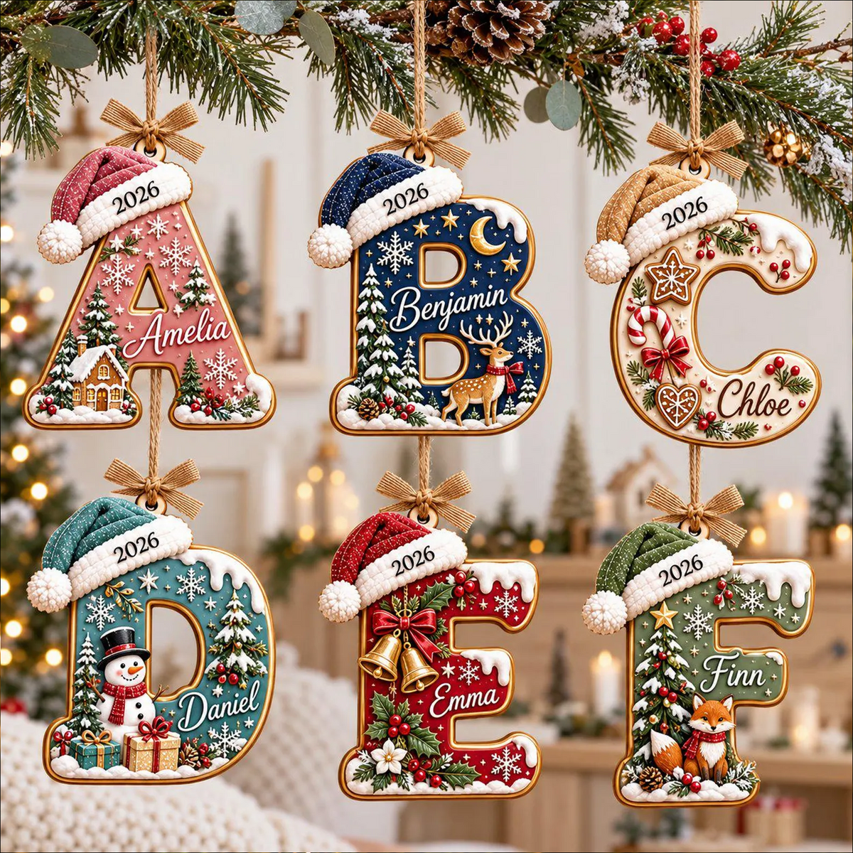 Personalized Initial Christmas Wooden Ornament, Custom Name Letter Ornament with Santa Hat, Kids Family Gift 686981 WFD