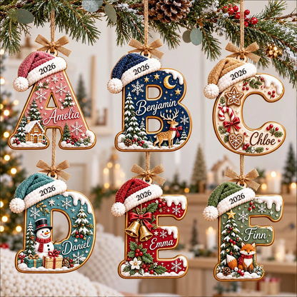 Personalized Initial Christmas Wooden Ornament, Custom Name Letter Ornament with Santa Hat, Kids Family Gift 686981 WFD