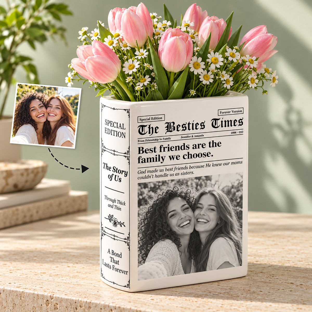 Custom Photo Newspaper Ceramic Book Vase, Personalized Best Friend Gift, Friendship Keepsake for Bestie 686941 WFD