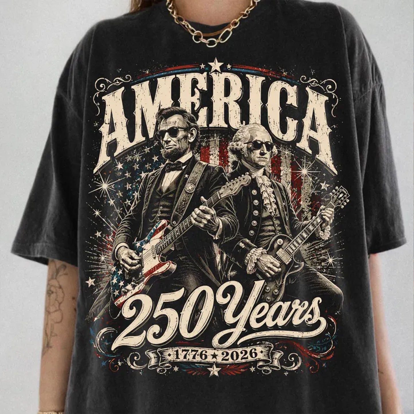 250 Years America Anniversary Shirt, Lincoln & Washington Playing Guitar Tee, Funny 4th of July Shirt 685298 WFD