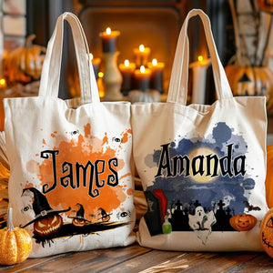 Personalized Halloween Tote Bag, Custom Trick or Treat Canvas Tote, Spooky Pumpkin Ghost Witch Gift Bag 685671 WFD