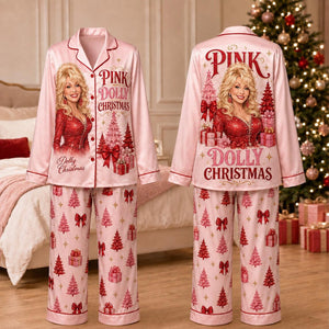 Pink Dolly Christmas Pajamas Set, Dolly Parton Satin PJs, Country Music Holiday Sleepwear, Dolly Fan Gift 686195 WFD