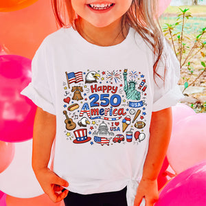 Happy 250 Years Kids T-Shirt, 1776–2026 USA Anniversary Shirt, Patriotic Doodle America Tee for Kids 684926