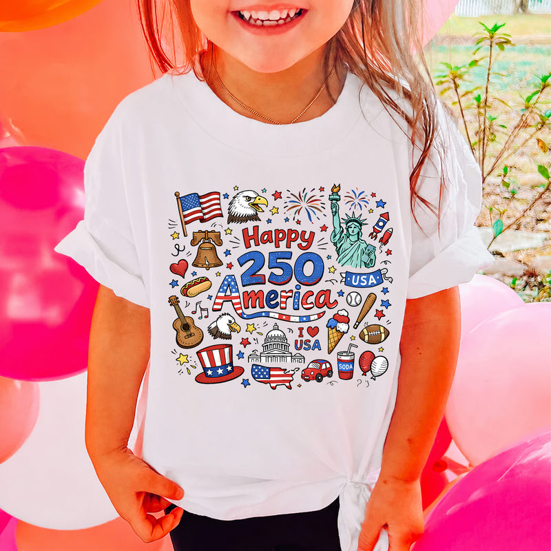 Happy 250 Years Kids T-Shirt, 1776–2026 USA Anniversary Shirt, Patriotic Doodle America Tee for Kids 684926