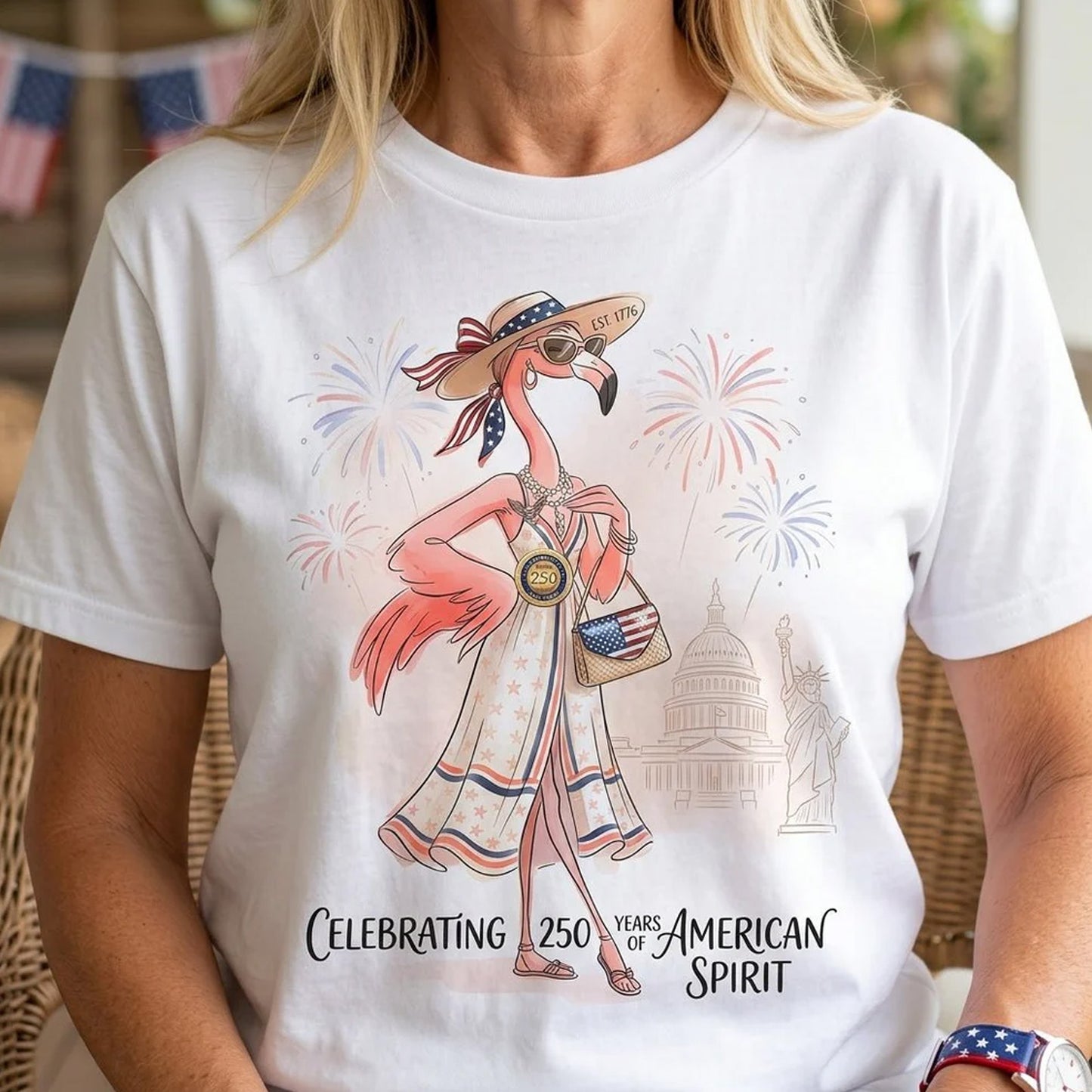 250 Years of American Spirit Flamingo Shirt, Patriotic 4th of July Independence Day Tee, USA Celebration T-Shirt 685212