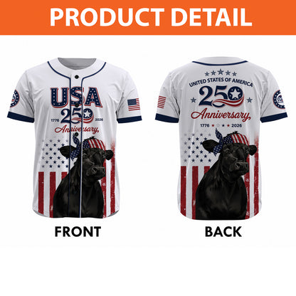 USA 250 Anniversary Black Angus Baseball Jersey, Patriotic Cattle Farmer Shirt, 1776–2026 July 4th Jersey 685259