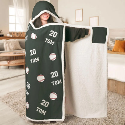 Personalized Sports Hooded Blanket, Custom Name & Number Baseball Soccer Football Kids Gift 686374 WFD