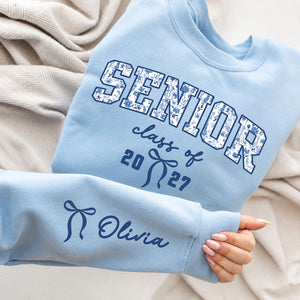 Custom Senior Mom 2027 Coquette Front & Right Sleeve Sweatshirt, Personalized Class of 2027 Graduation Gift 685693