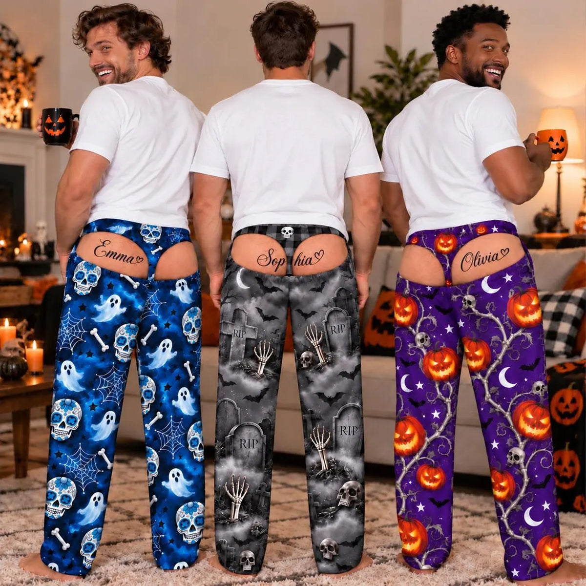 Funny Halloween Pajama Pants for Men, Custom Name Fake Butt Lounge Pants, Spooky Gag Gift for Him 686596 WFD