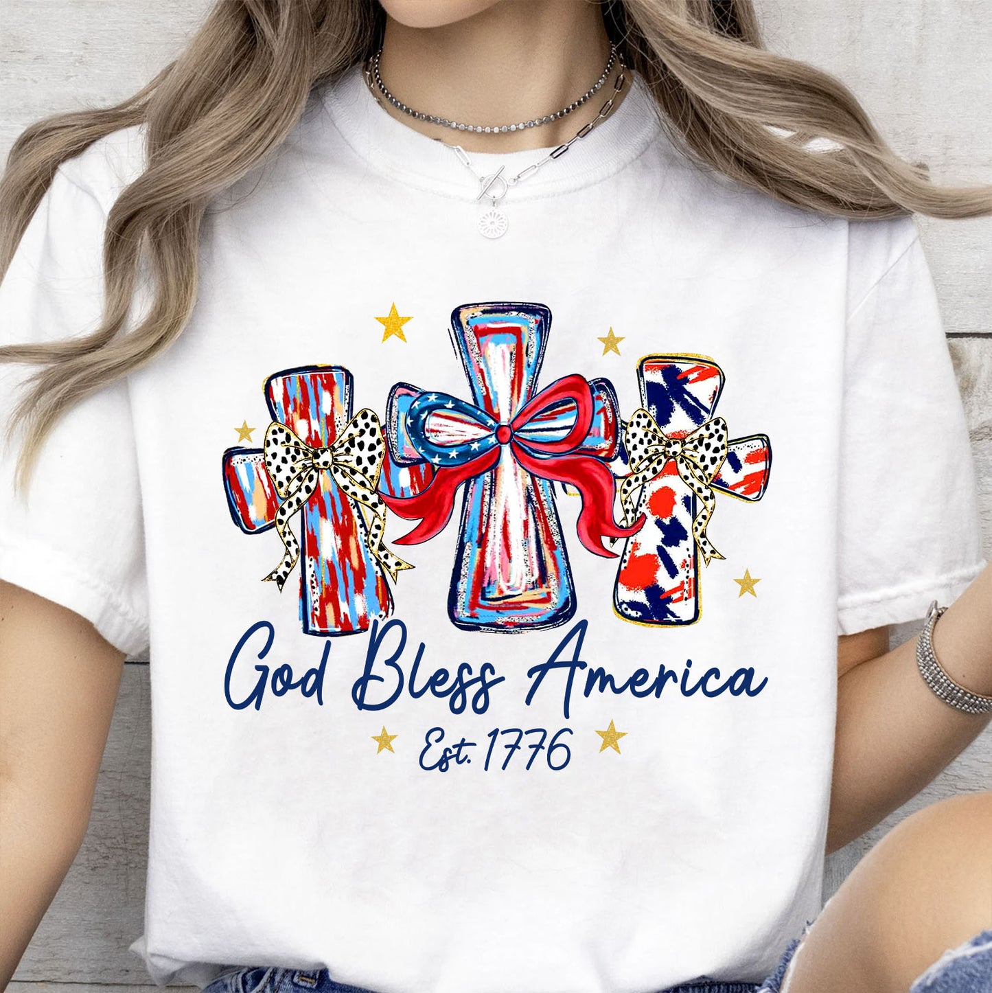 250 Years God Bless America Est 1776 Shirt, Patriotic Cross USA Tee, 4th of July Gift 684848