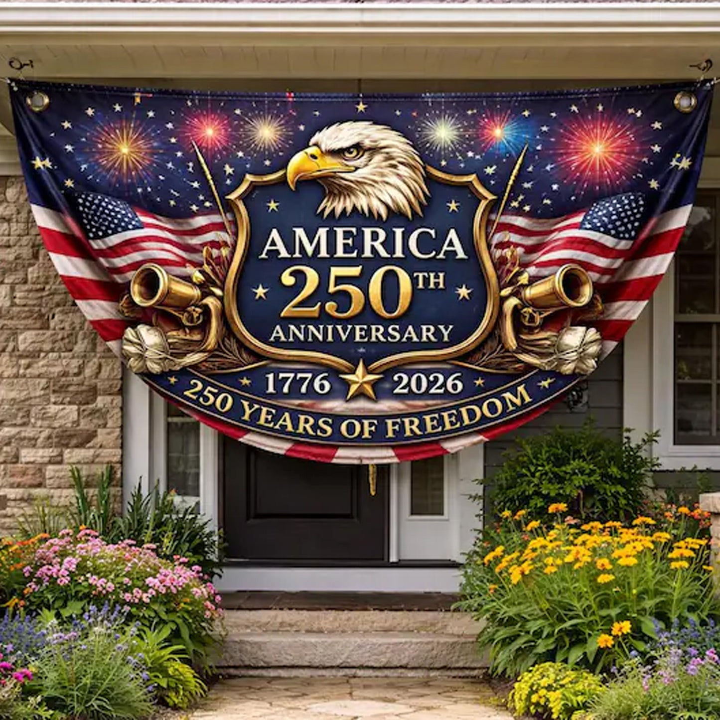 250 Years of Freedom Semicircle Fence Flag, 1776-2026 Patriotic Eagle Independence Day Banner 685280 WFD
