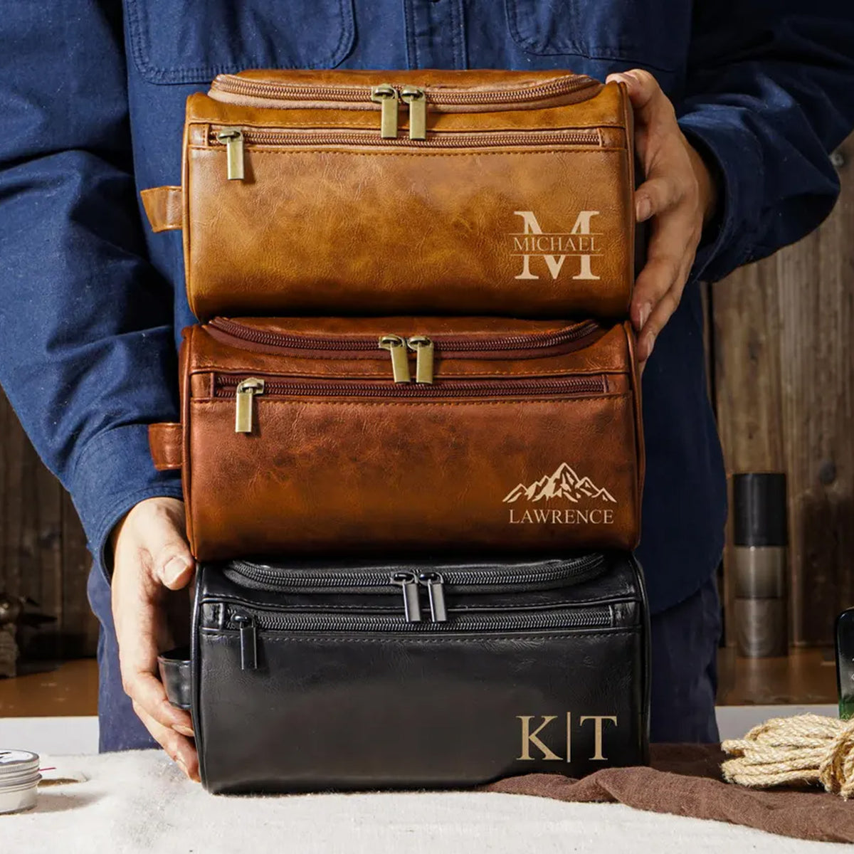 Personalized Leather Toiletry Bag, Laser Engraved Dopp Kit, Groomsmen Travel Bag Gift for Him 686534 WFD