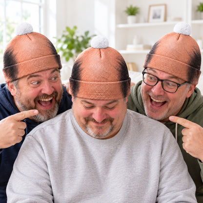 Funny Bald Head Beanie Hat, Novelty Hair Print Knit Hat with Pom Pom, Gag Gift for Men Dad Husband 686800 WFD