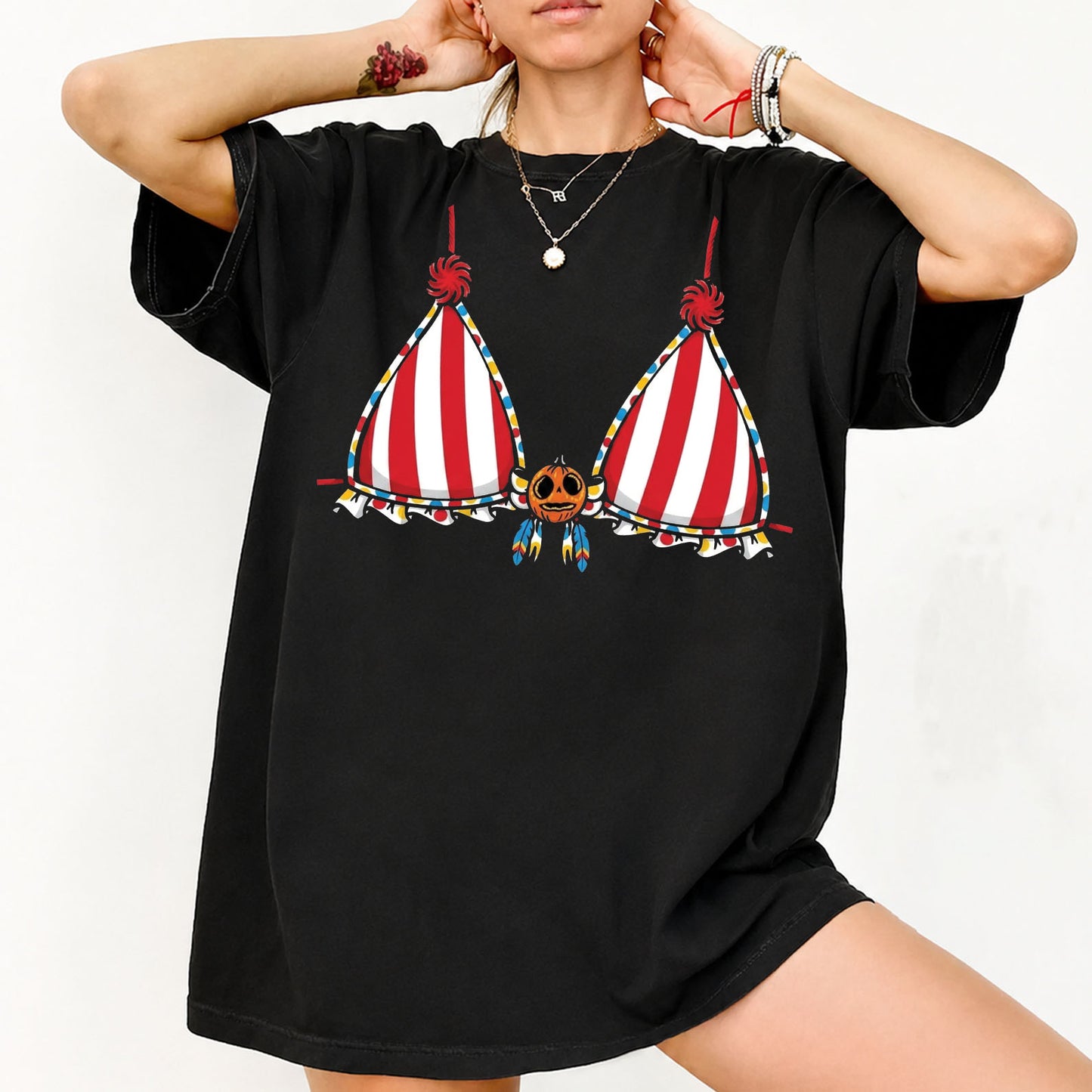 Funny Halloween Bikini Shirt, Spooky Pumpkin Bra Graphic Tee, Carnival Circus Halloween Gift 685915