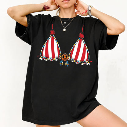 Funny Halloween Bikini Shirt, Spooky Pumpkin Bra Graphic Tee, Carnival Circus Halloween Gift 685915