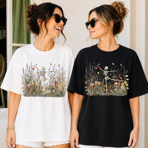 Vintage Dancing Skeleton Wildflower Shirt, Floral Skeleton Halloween Tee, Cottagecore Spooky Season Gift 685748